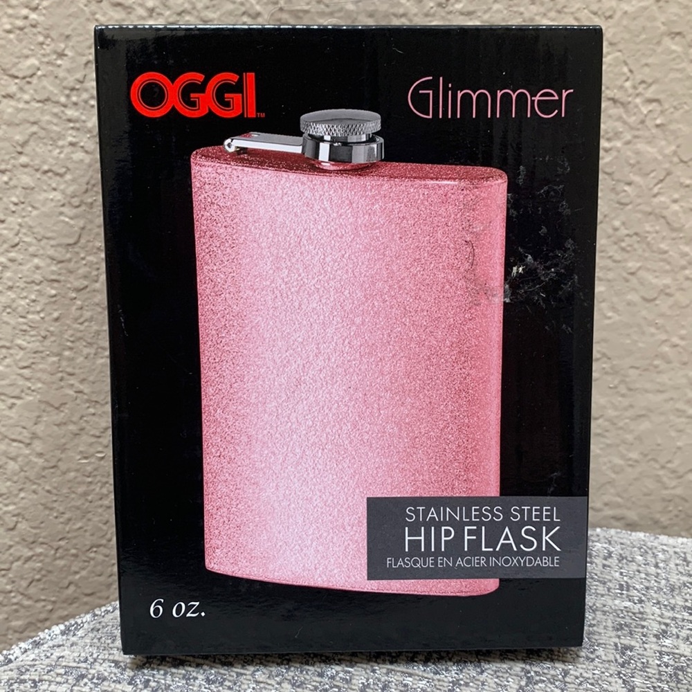 🔹NEW.. OGGI GLIMMER PINK STAINLESS STEEL HIP FLASK WITH FUNNEL